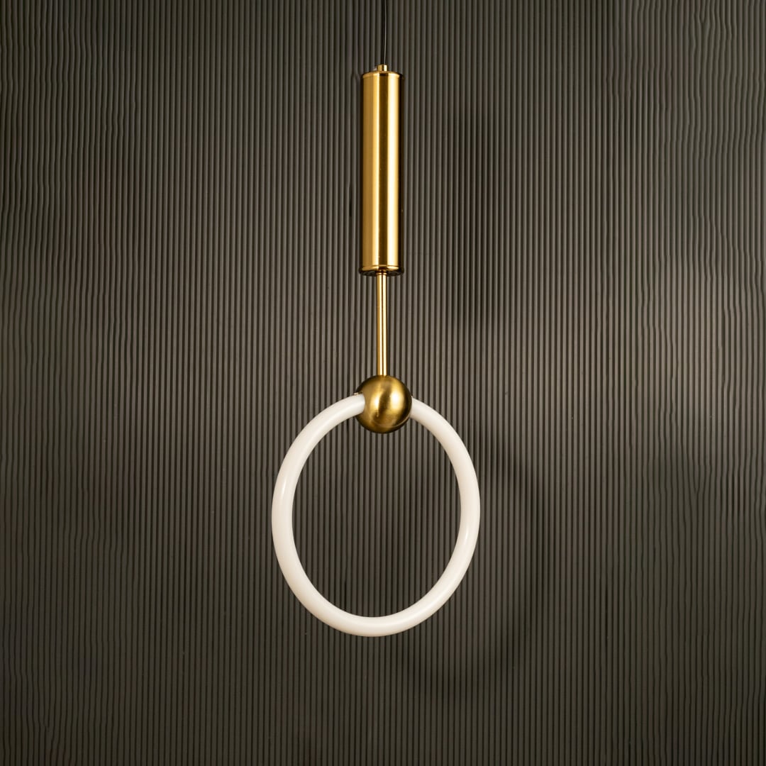 Ring pendant light with white circular shade and metal top shown switched off against a dark background presenting its refined contemporary interior decor silhouette.