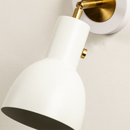 Closeup of white metal wall light with cone shade and gold holder showcasing smooth finish for modern interior decor styling.
