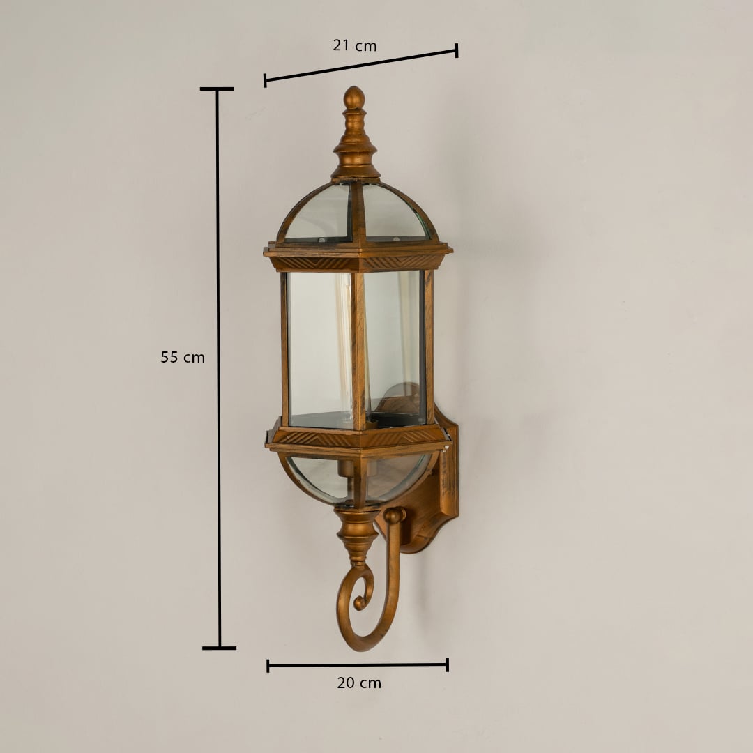 Diagram showing dimensions of the antique bronze wall lantern 55 cm tall and 21 cm wide on a light background.
