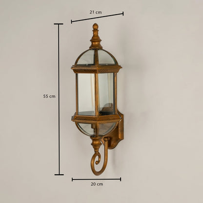 Diagram showing dimensions of the antique bronze wall lantern 55 cm tall and 21 cm wide on a light background.