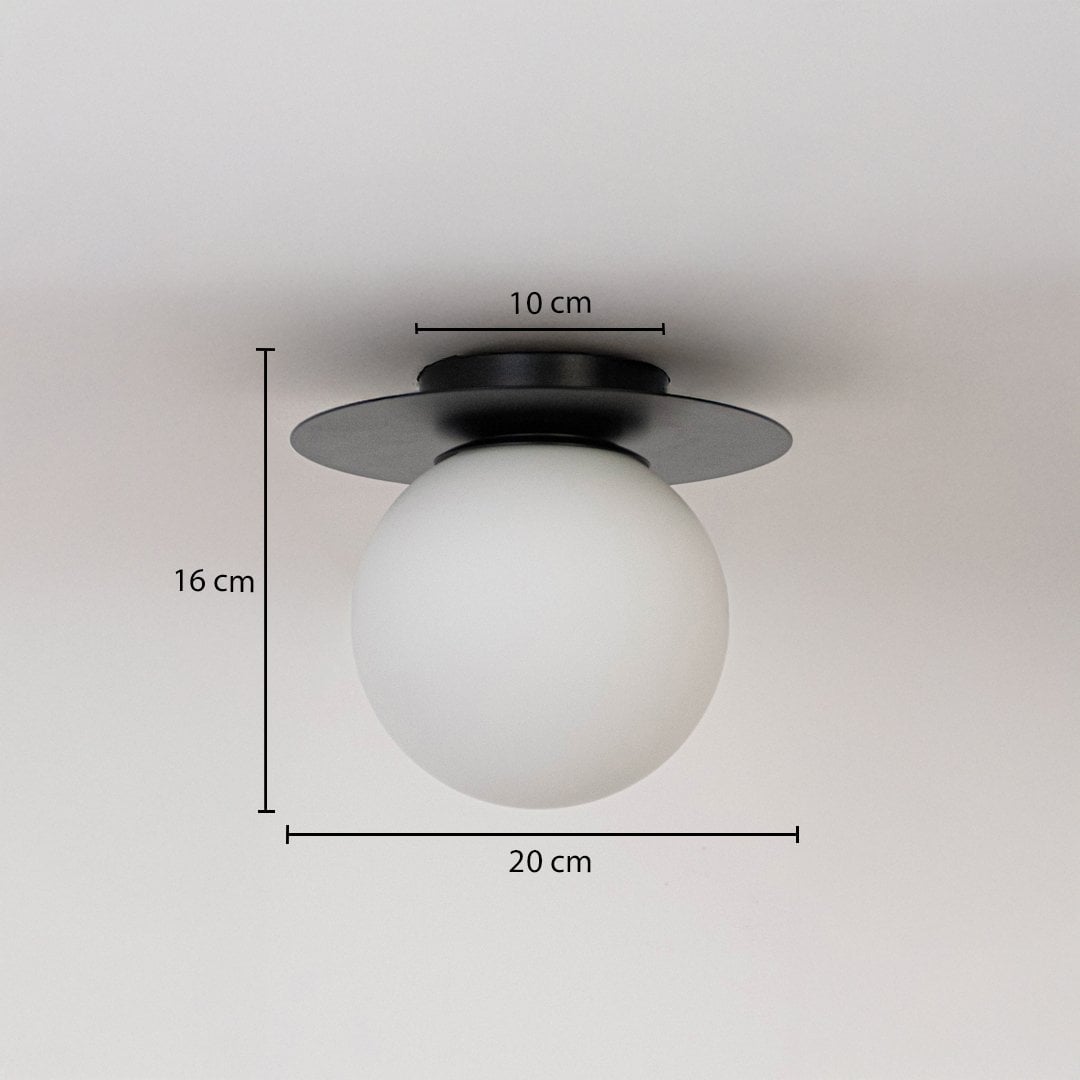 Ceiling light with black finish base and frosted glass globe shown with size dimensions 16 cm height 20 cm width and 10 cm base.