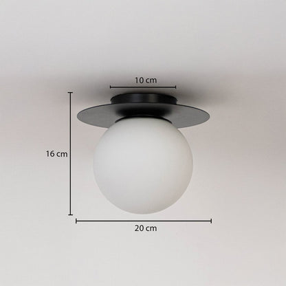 Ceiling light with black finish base and frosted glass globe shown with size dimensions 16 cm height 20 cm width and 10 cm base.