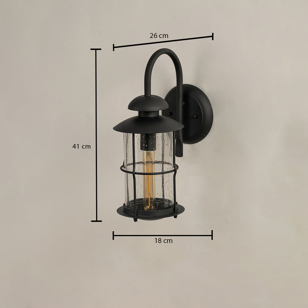 Black outdoor lantern showing 41 cm height 26 cm width and 18 cm depth with raindrop glass and curved arm design.