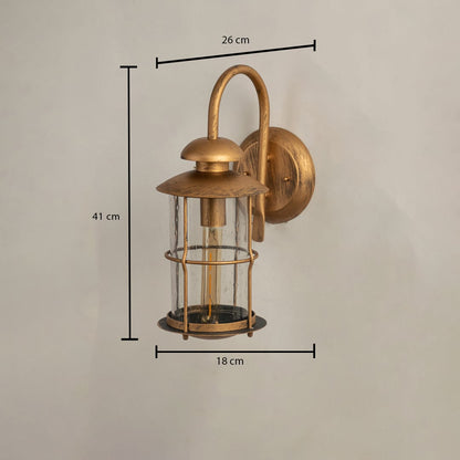 Industrial brass gooseneck outdoor wall light dimension image with 41 cm height and a clear glass cylinder lantern shade.