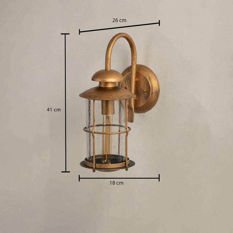 Industrial brass gooseneck outdoor wall light dimension image with 41 cm height and a clear glass cylinder lantern shade.