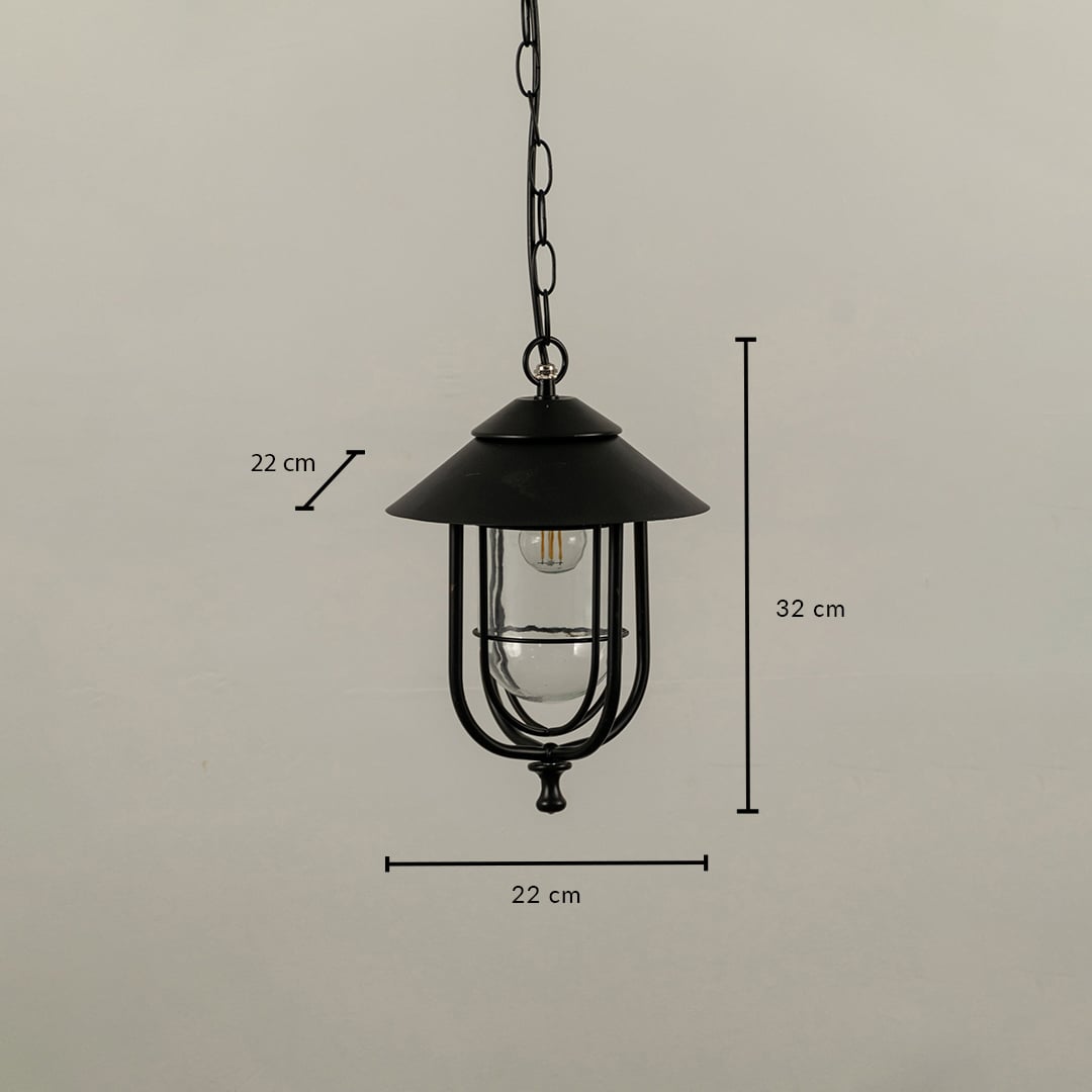 Outdoor pendant lantern displayed on a plain background showing clear measurements of 22 cm width and 32 cm height with detailed structure and form.