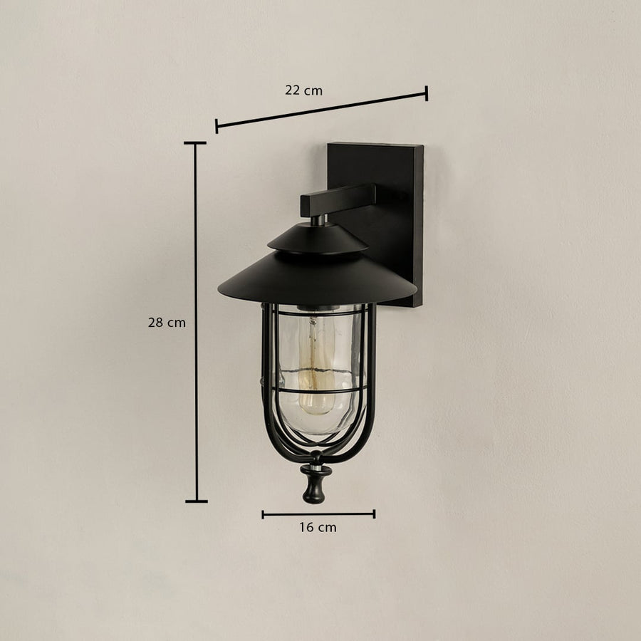 A black outdoor wall light shown clearly with measurements displaying height 28 cm width 16 cm and projection 22 cm providing accurate sizing for installation needs.