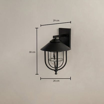 Black wall lantern with size details showing 38 cm height 29 cm width and 26 cm depth against a plain background.