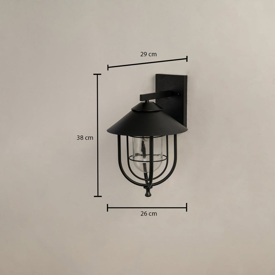 Black wall lantern with size details showing 38 cm height 29 cm width and 26 cm depth against a plain background.