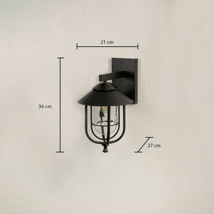 Black wall lantern with size details showing 36 cm height 21 cm width and 27 cm depth against a clean background.