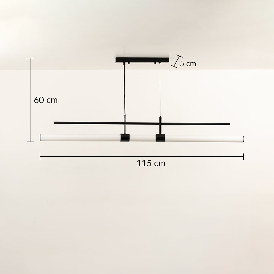 Linear ceiling light with black frame and dual hanging rods shown with size markings providing a soft warm illumination that adds a sleek contemporary accent to the interior.
