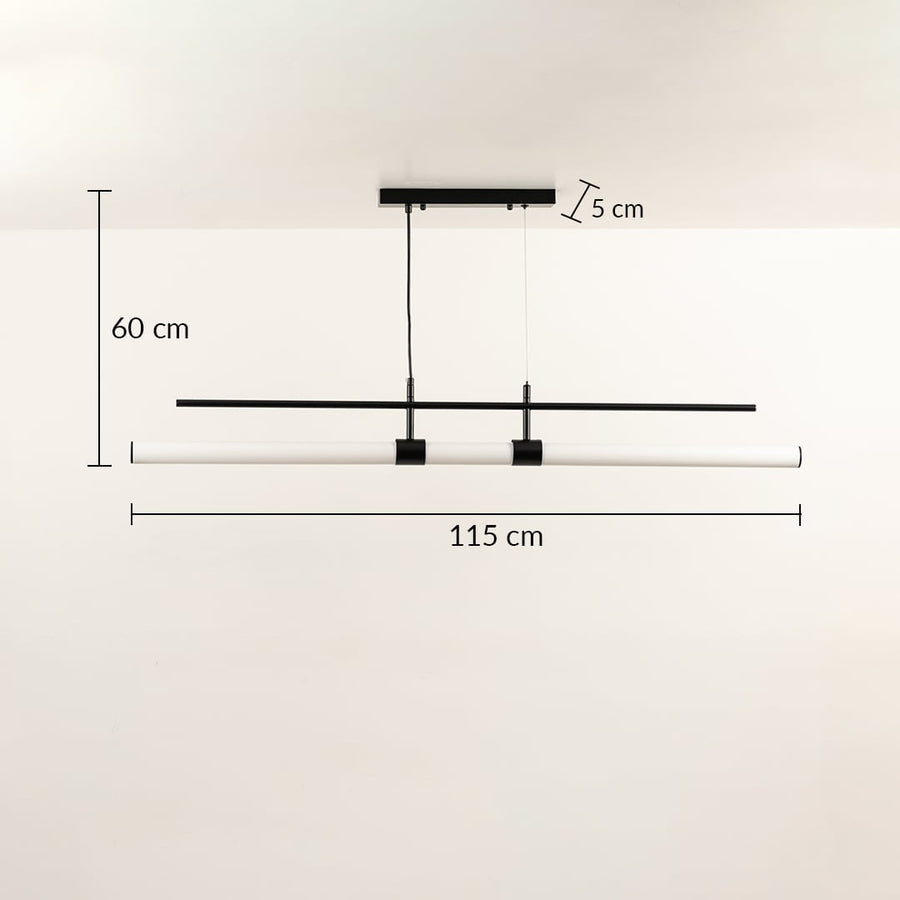 Linear ceiling light with black frame and dual hanging rods shown with size markings providing a soft warm illumination that adds a sleek contemporary accent to the interior.