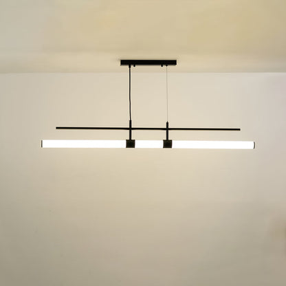 Long suspended linear light bar supported by two ceiling rods emitting a soft balanced glow that brings a refined contemporary touch to the surrounding room space.