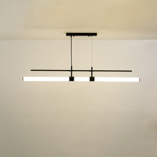 Long suspended linear light bar supported by two ceiling rods emitting a soft balanced glow that brings a refined contemporary touch to the surrounding room space.