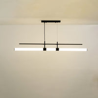Long suspended linear light bar supported by two ceiling rods emitting a soft balanced glow that brings a refined contemporary touch to the surrounding room space.