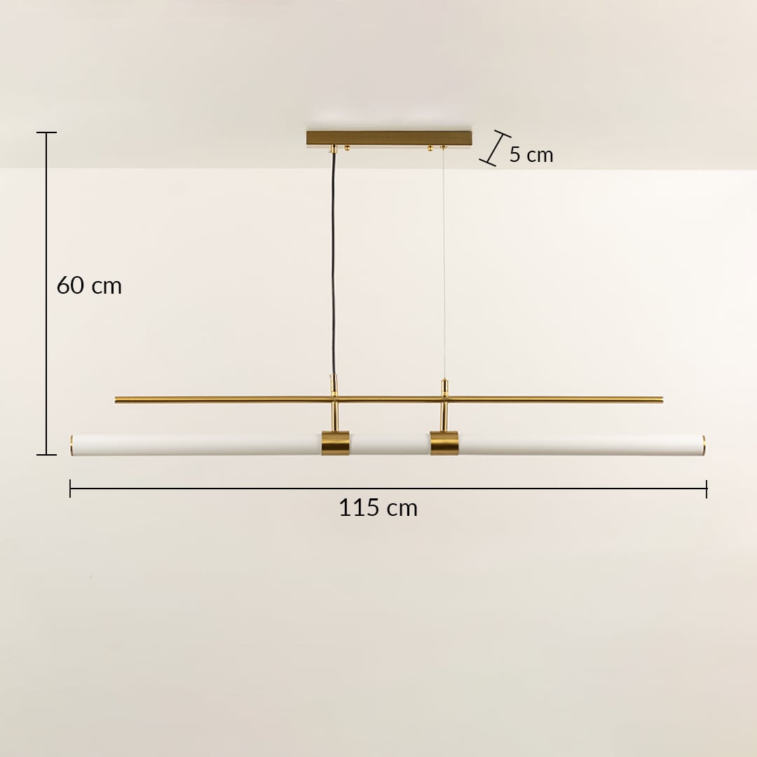 Gold metal linear LED pendant light measuring 60 cm height and 115 cm width for modern interior lighting.