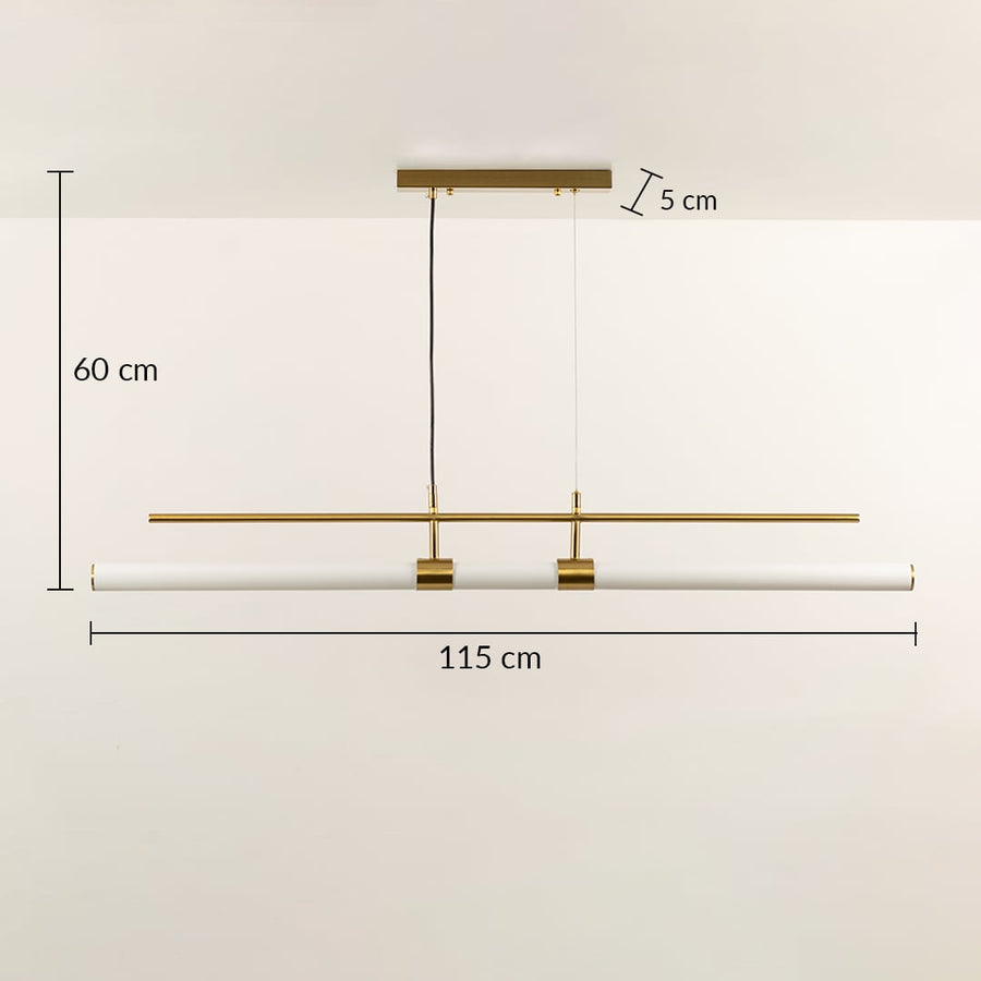 Gold metal linear LED pendant light measuring 60 cm height and 115 cm width for modern interior lighting.