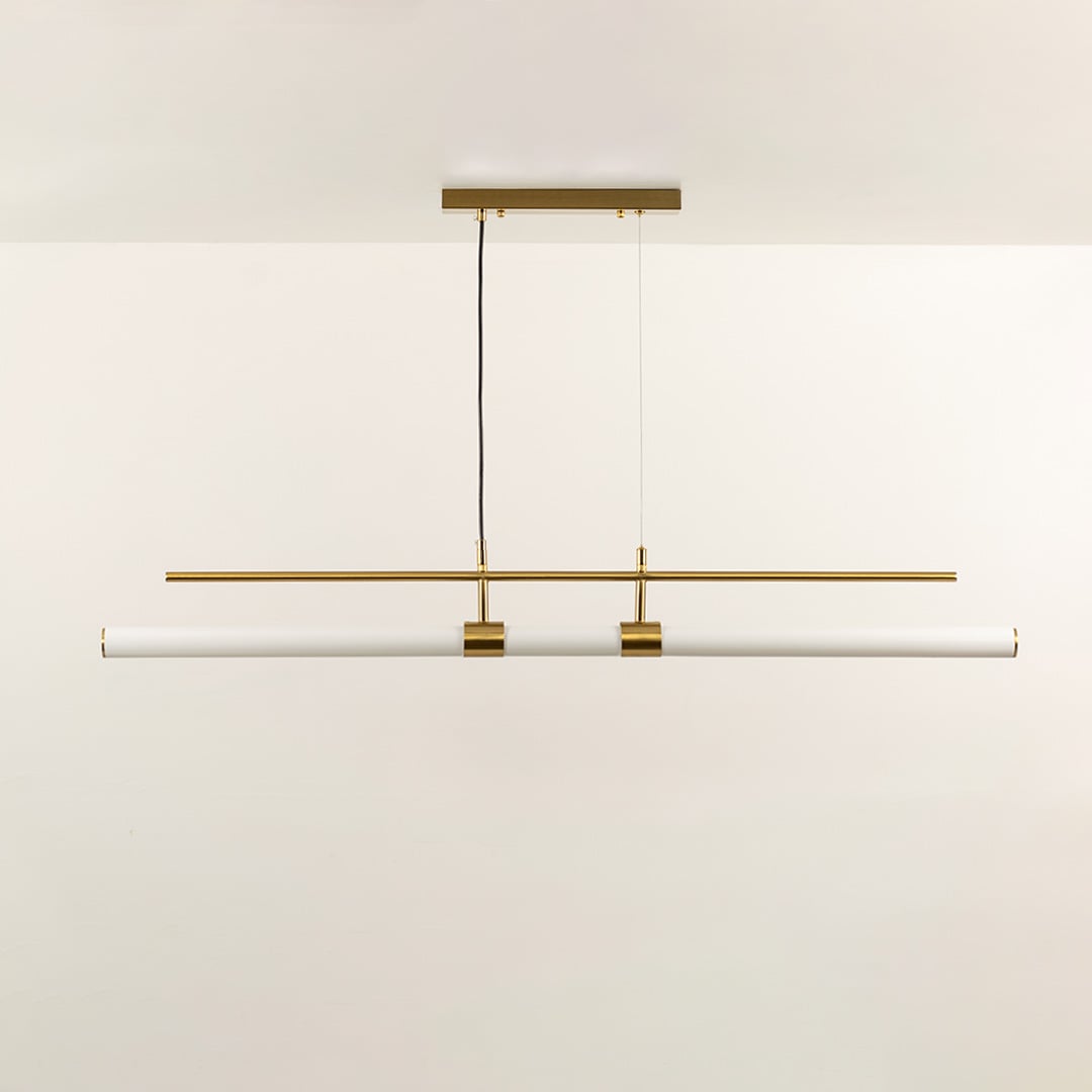 Gold metal linear LED pendant light with integrated light bar designed for modern dining room ceiling lighting.