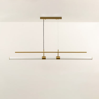 Gold metal linear LED pendant light with integrated light bar designed for modern dining room ceiling lighting.