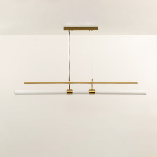 Gold metal linear LED pendant light with integrated light bar designed for modern dining room ceiling lighting.