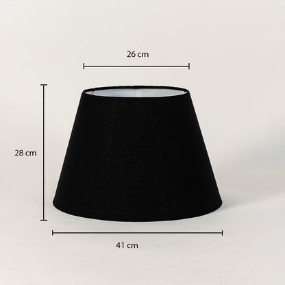 Technical sizing image of black lamp shade showing top 26 cm bottom 41 cm and height 28 cm for accurate table lamp fitting.