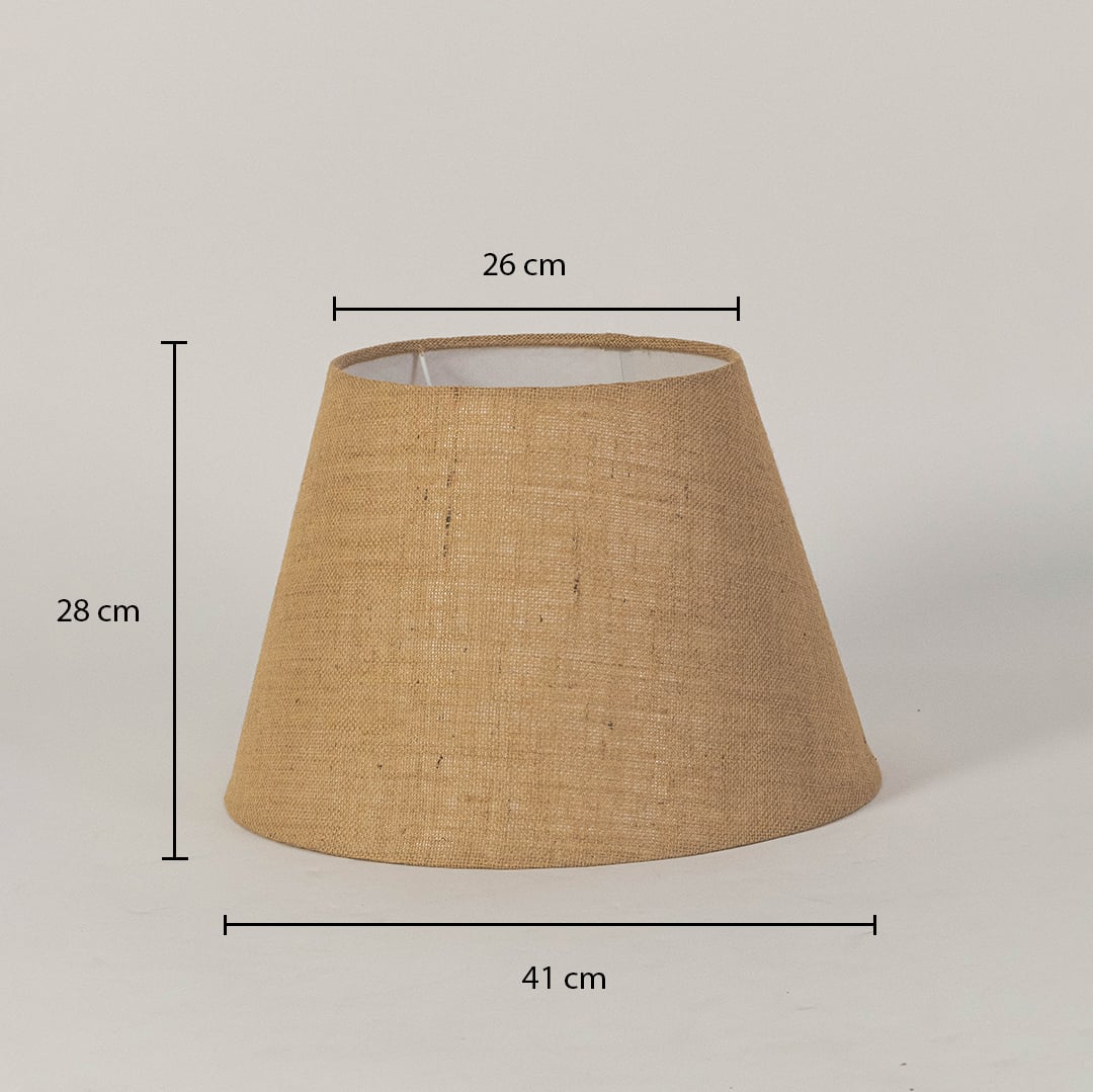 Dimension image of natural jute fabric lampshade showing 28 cm height with 41 cm base diameter and 26 cm top diameter.