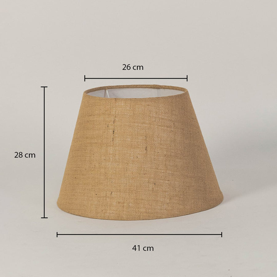 Dimension image of natural jute fabric lampshade showing 28 cm height with 41 cm base diameter and 26 cm top diameter.