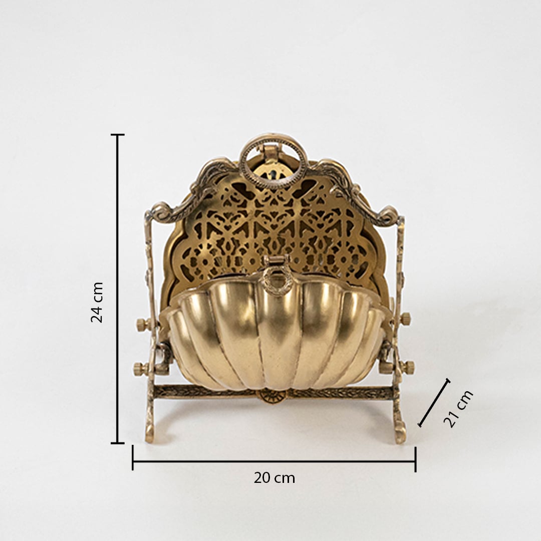 Antique brass folding stand measuring 24 cm in height 20 cm in width and 21 cm in depth displayed clearly on a white background for size reference.