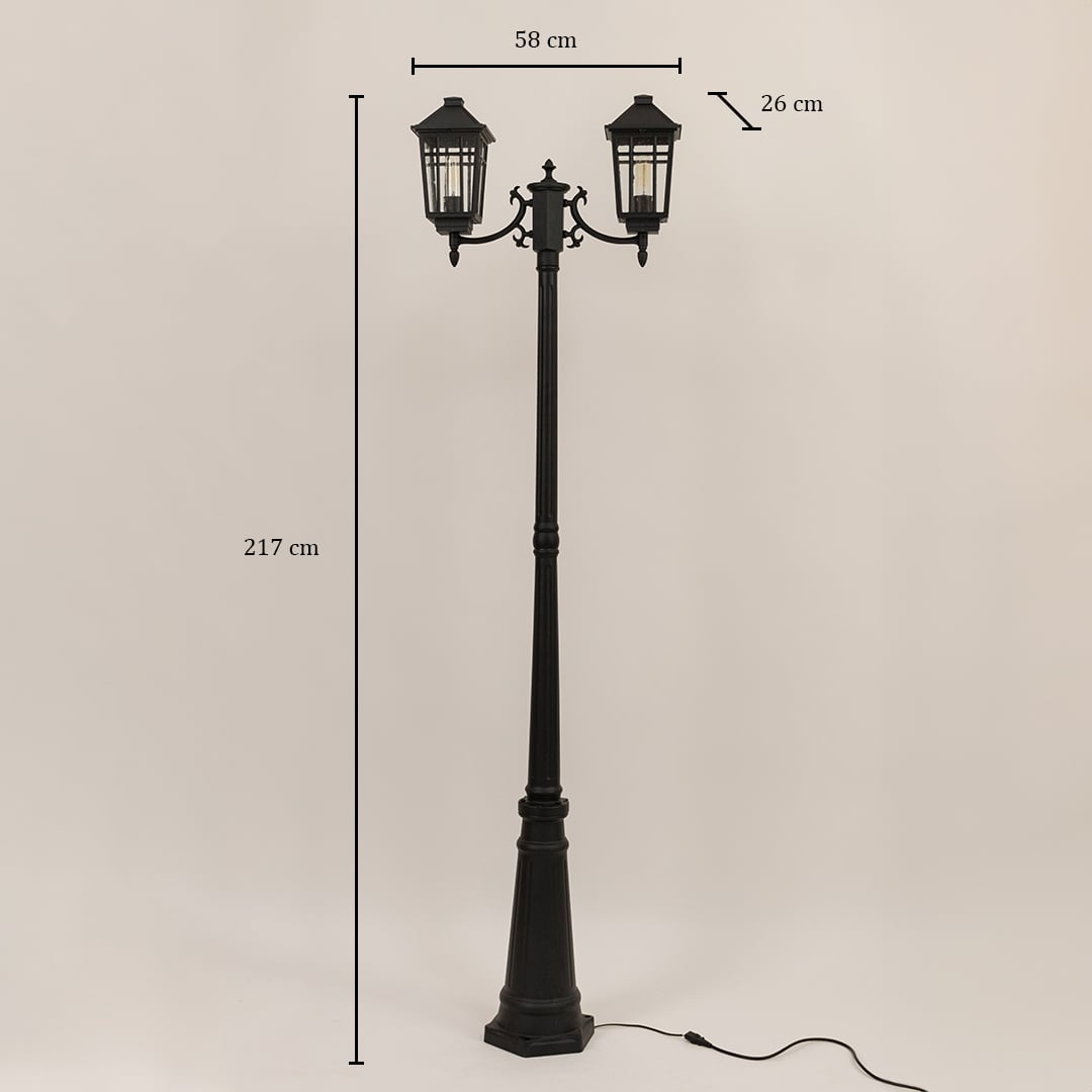 Traditional black outdoor double post light measuring 217cm height 58cm lantern span and 26cm lantern depth specifications shown.