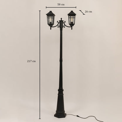 Traditional black outdoor double post light measuring 217cm height 58cm lantern span and 26cm lantern depth specifications shown.