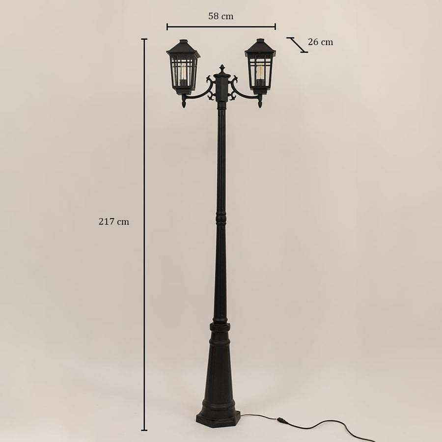 Traditional black outdoor double post light measuring 217cm height 58cm lantern span and 26cm lantern depth specifications shown.