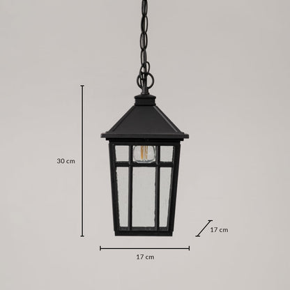 Classic black metal hanging lantern with clear glass measuring 30cm height 17cm width and 17cm depth specifications shown.Retry