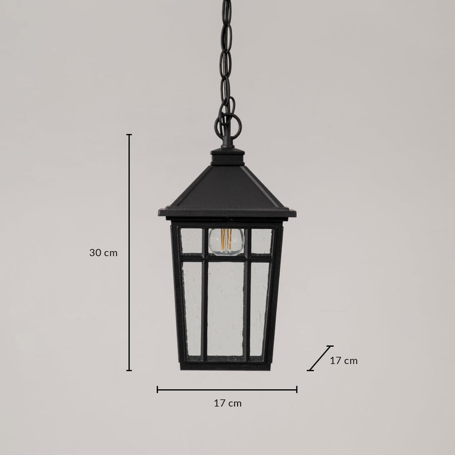 Classic black metal hanging lantern with clear glass measuring 30cm height 17cm width and 17cm depth specifications shown.Retry