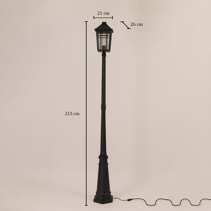 Classic black outdoor post light measuring 215cm height 21cm lantern width and 26cm lantern depth specifications shown clearly.