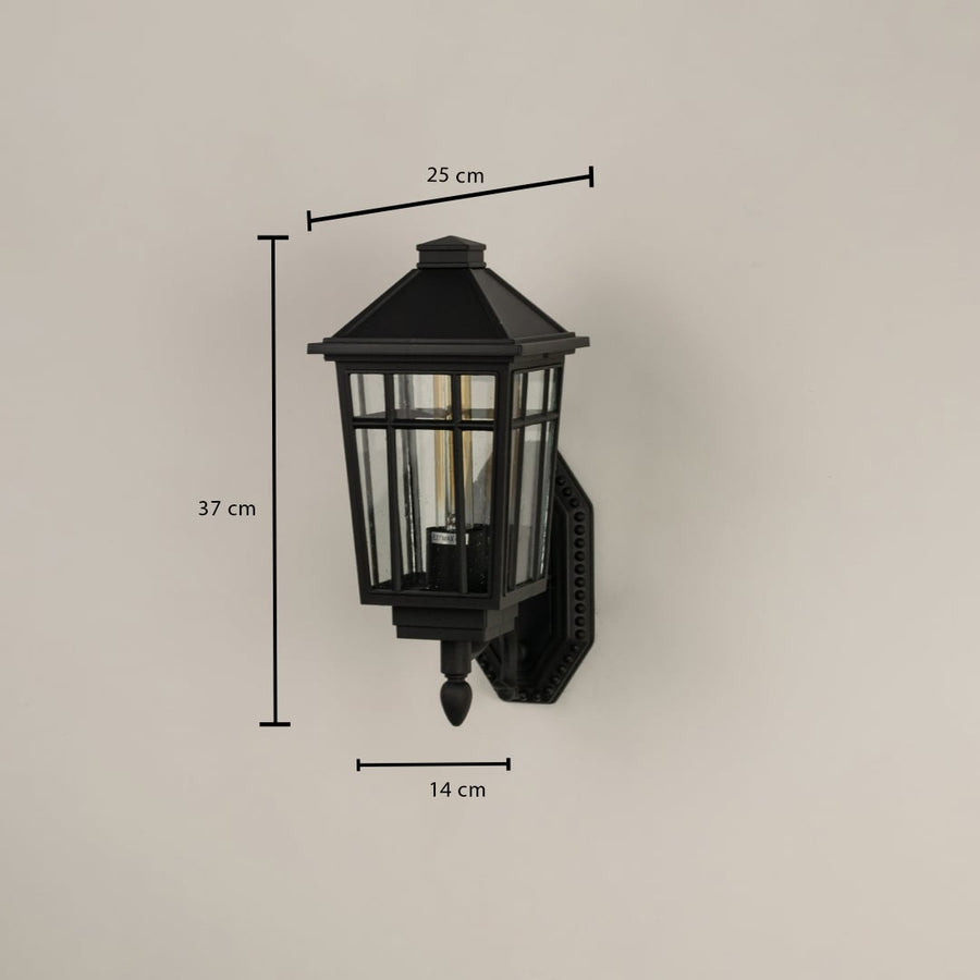 A black outdoor lantern with clear glass shown with full measurements height 37 cm width 25 cm and depth 14 cm clearly displayed for accurate installation reference.