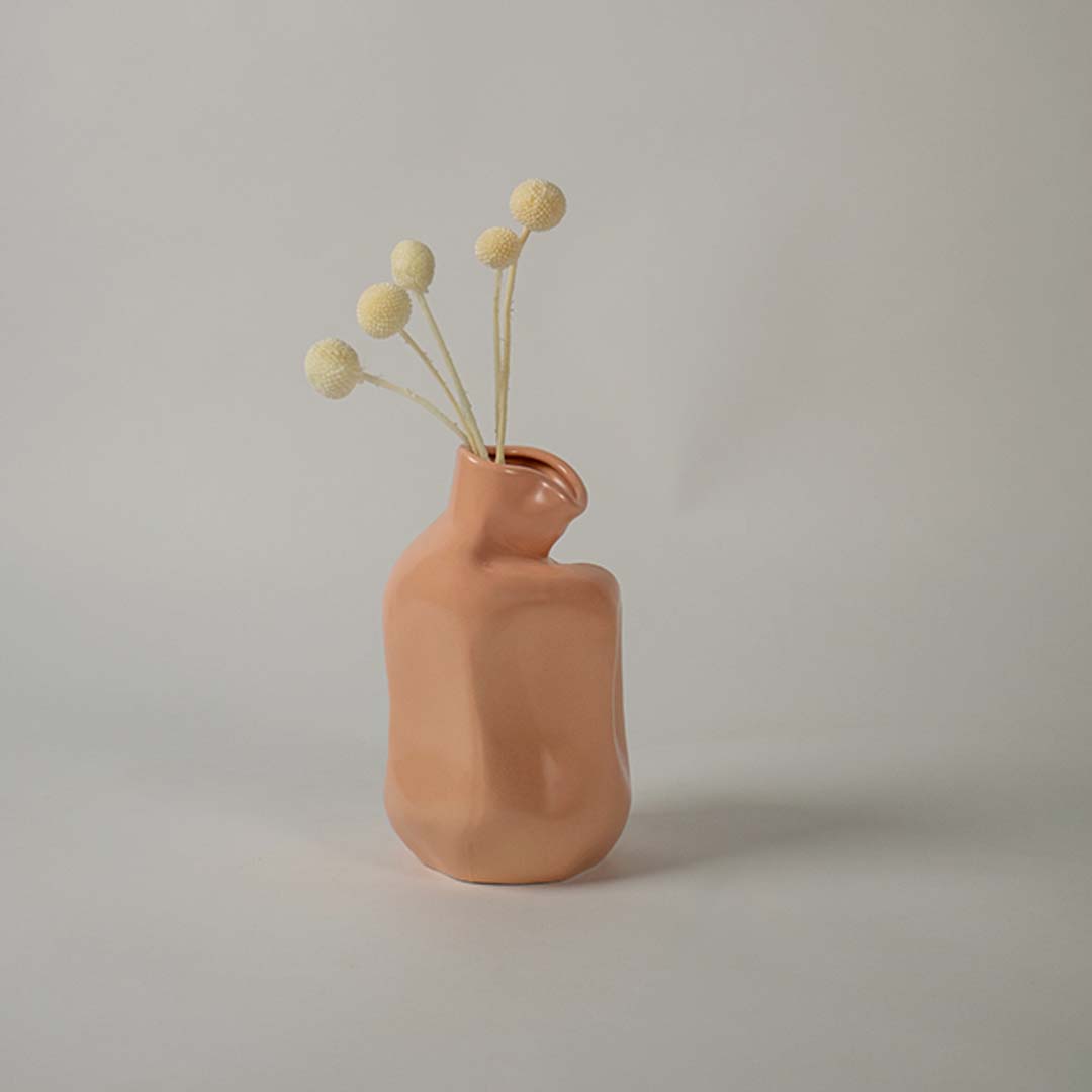 Elegant beige ceramic vase styled with dried stems on tabletop brings soft earthy charm to modern living room decor.