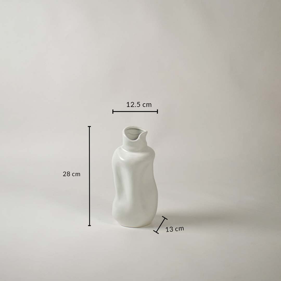 White ceramic sculptural vase shown with dimensions 28 cm height 12.5 cm width and 13 cm depth to display accurate sizing.