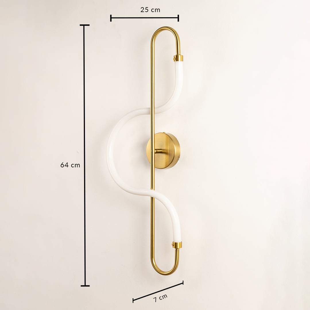 Gold LED wall light with 68 cm height 26 cm width and 7 cm depth for modern decor styling spaces.