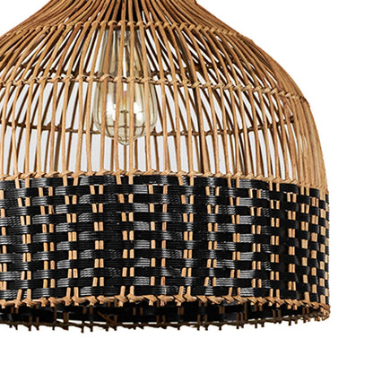 Closeup of rattan pendant light showing the fine bamboo weave and subtle black accent detailing on the shade.