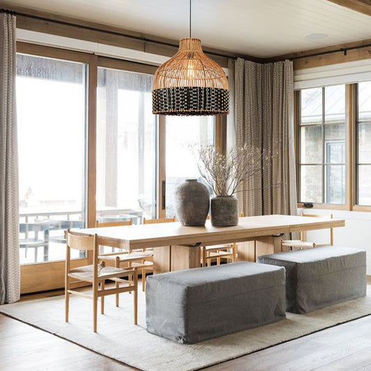 Two-tone rattan pendant light adding a natural modern touch and cozy ambience to contemporary interior spaces.