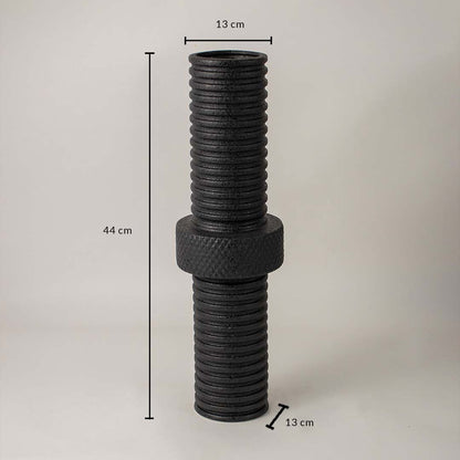 Black textured metal vase measuring 44 cm height and 13 cm diameter shown on neutral background for size reference.