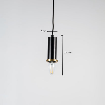 Black metal cylindrical pendant light showing 45 cm height 7 cm width and slim hanging profile for modern ceiling lighting placement.