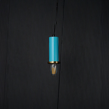 Blue pendant light turned off with brass accent and bulb shown as elegant ceiling decor on black background.