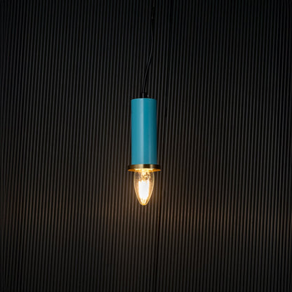 Elegant blue pendant light turned on with warm glow creating ambient ceiling lighting on black background.