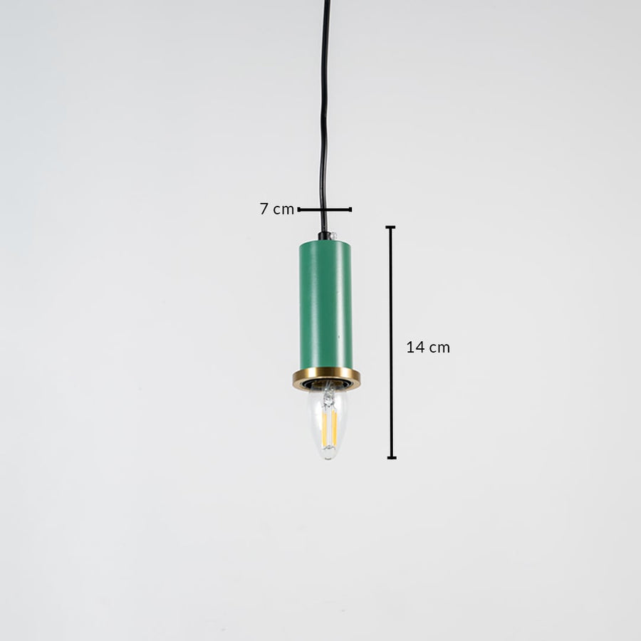 Green metal cylindrical pendant light showing 45 cm height 7 cm width designed for modern minimalist ceiling lighting decor.