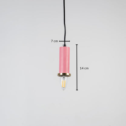 Pink metal cylindrical pendant lamp displaying 45 cm height 7 cm width dimensions ideal for contemporary dining or bedside ceiling use.