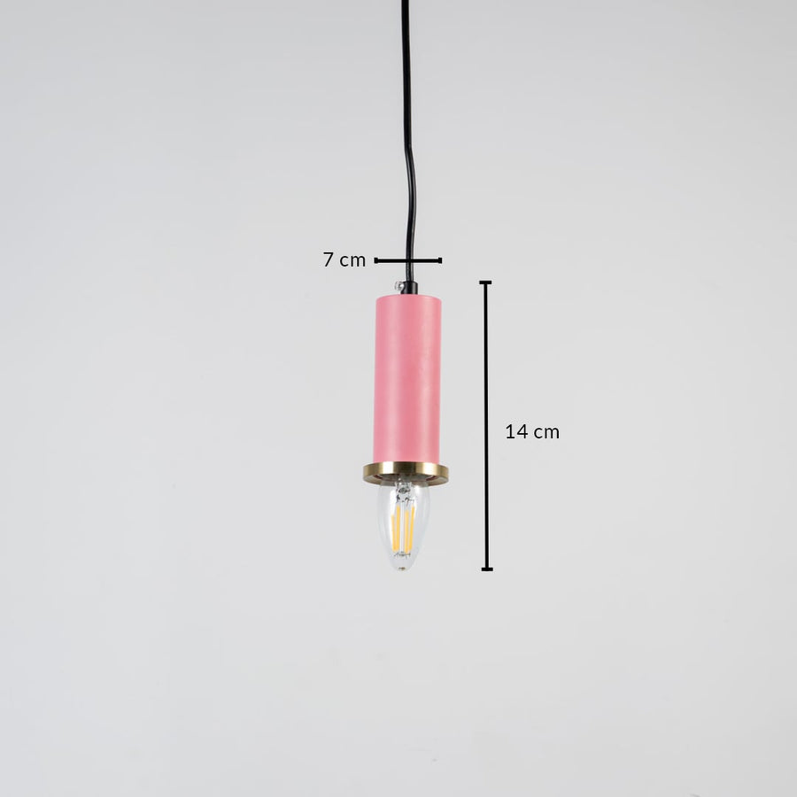 Pink metal cylindrical pendant lamp displaying 45 cm height 7 cm width dimensions ideal for contemporary dining or bedside ceiling use.