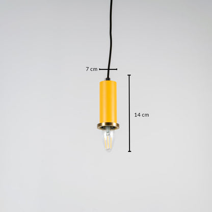 Yellow metal cylindrical pendant light showing 45 cm height and 7 cm width dimensions suitable for modern dining or bedside ceiling lighting.
