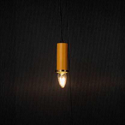 Elegant yellow pendant light turned on with warm glow creating ambient ceiling lighting on black background.