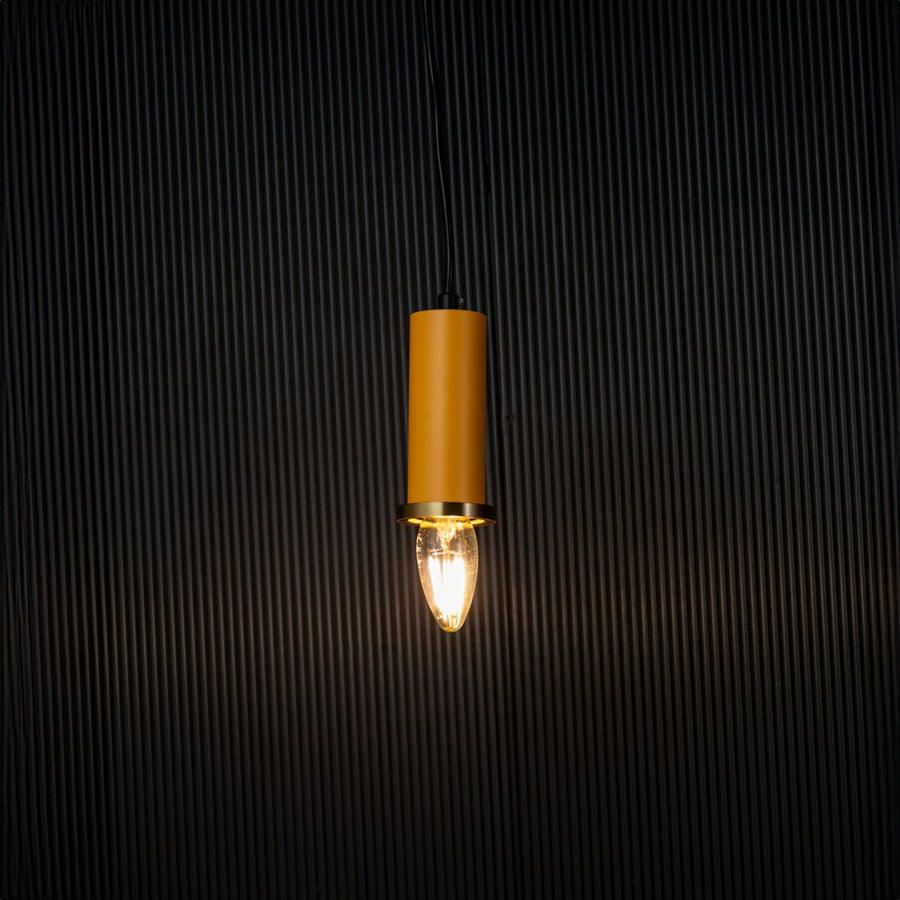 Elegant yellow pendant light turned on with warm glow creating ambient ceiling lighting on black background.